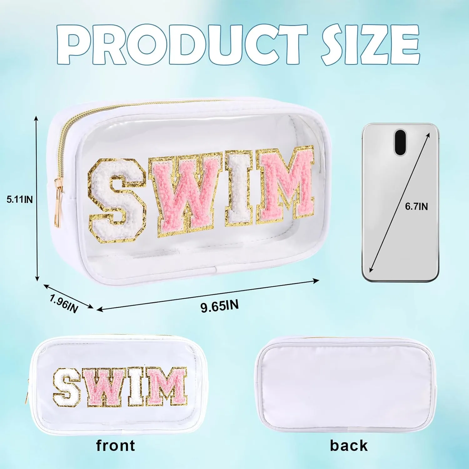 Swim Pouch Bag Clear Makeup Bags with Zipper Preppy Chenille Letter Patch Cosmetic Bag Beach Pool Zipper Pouch Summer Organizer Toiletry Bag for Women Girl Gifts