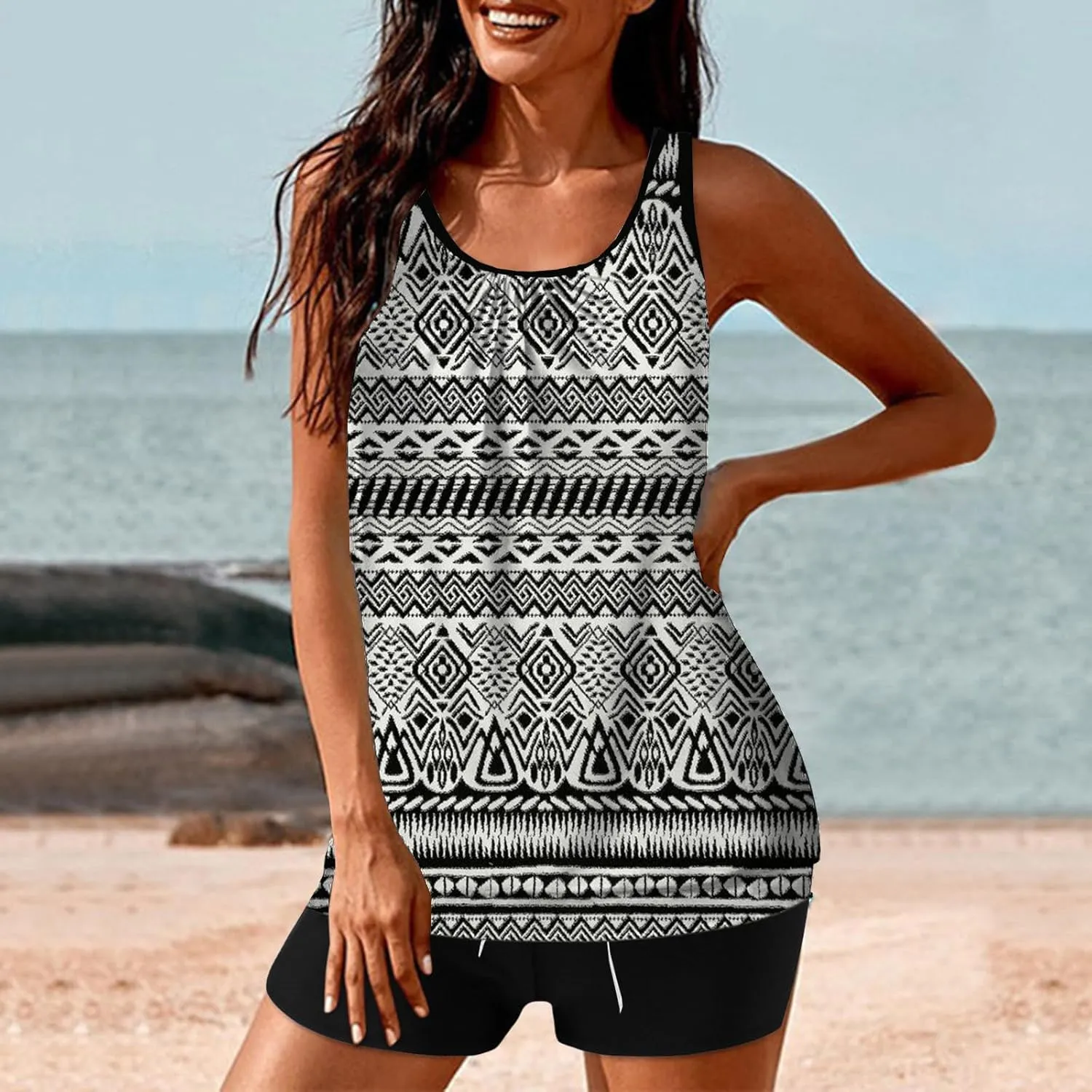Swim Suits for Women 2025 Two Piece Blouson Tankini Swimsuit Swim Tankini Tank Top with Boyshorts Modest Bathing Suit