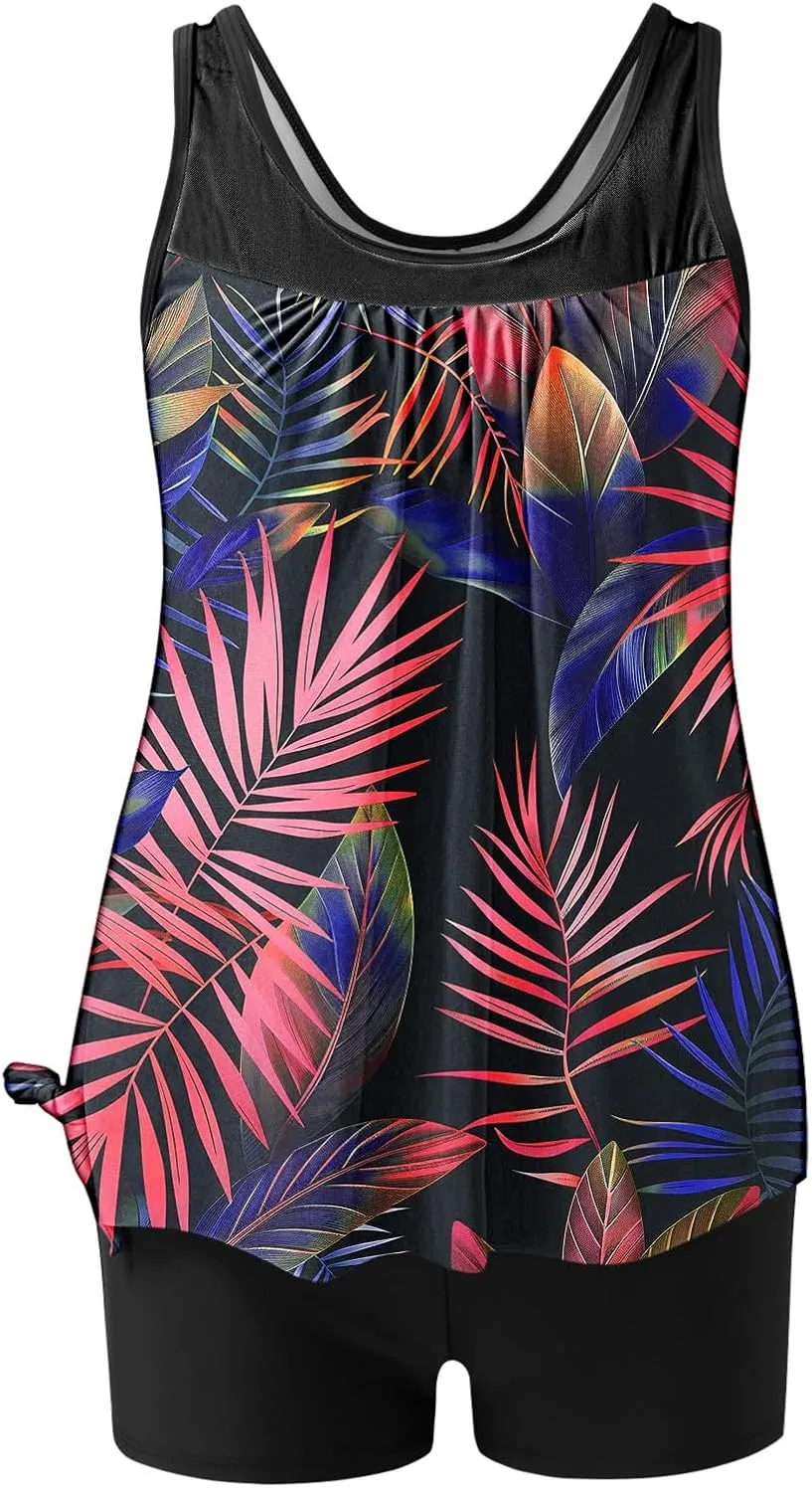Swim Suits for Women 2025 Two Piece Blouson Tankini Swimsuit Swim Tankini Tank Top with Boyshorts Modest Bathing Suit