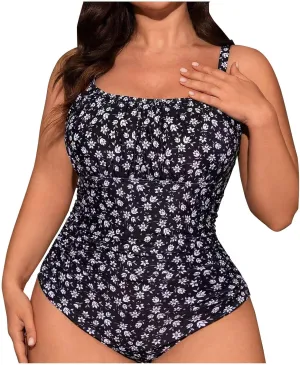 Swimsuit for Women 2025 Plus Size Tummy Control One Piece Bathing Suit Vintage Square Neck Adjustable Strap Swimwear
