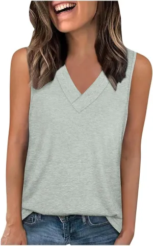 Tank Top for Women Trendy V Neck Camisole Top Loose Fit Sleeveless Blouse 2025 Summer Vacation Outfits Plain Shirts