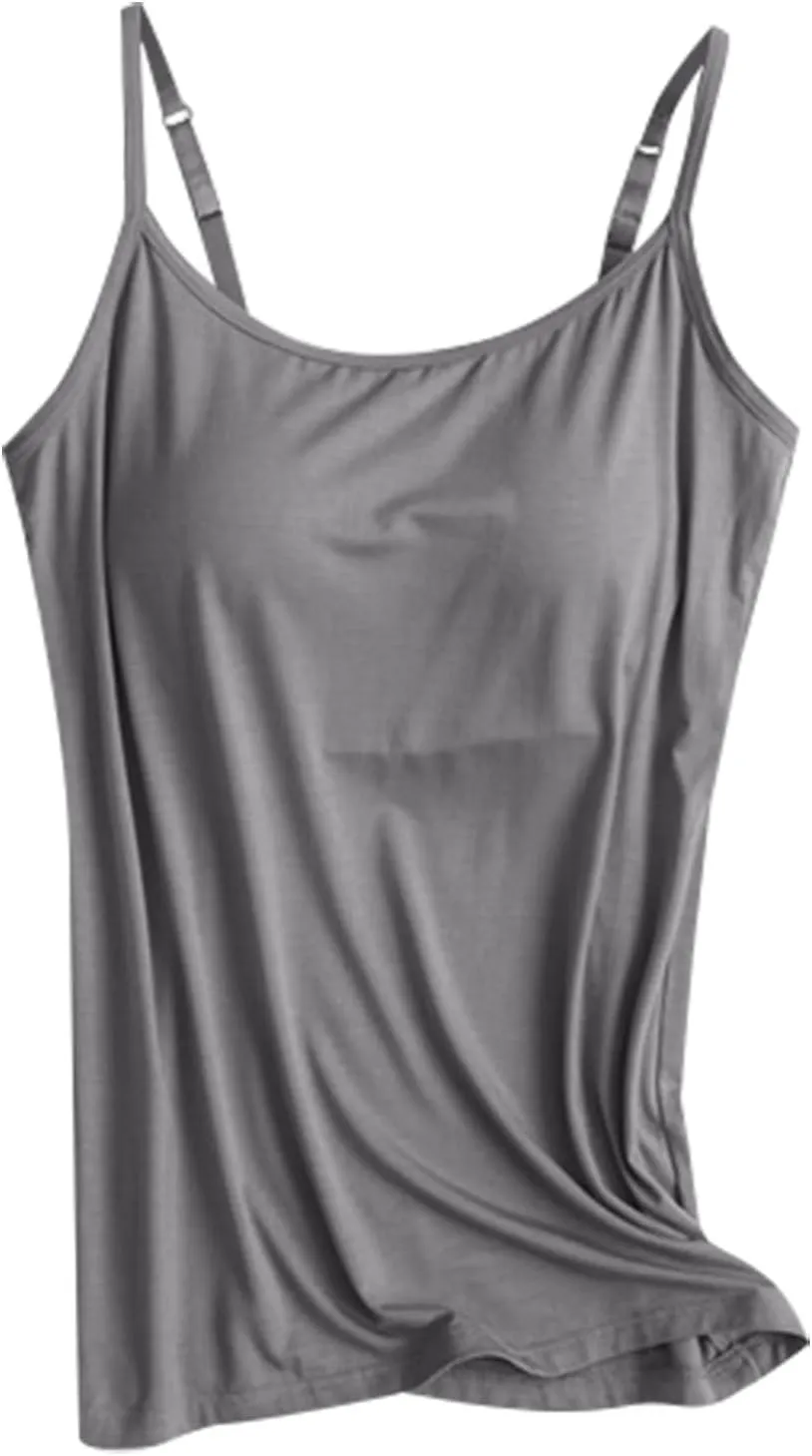 Tank Top for Women with Built in Bra Padded Adjustable Spaghetti Strap Camisoles for Layering Fitted Scoop Neck Undershirts
