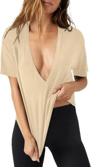 Tankaneo Womens Sexy Deep V Neck T-Shirts Summer Short Sleeve Tops Casual Loose Fit Basic Tees