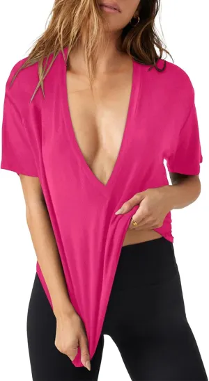 Tankaneo Womens Sexy Deep V Neck T-Shirts Summer Short Sleeve Tops Casual Loose Fit Basic Tees