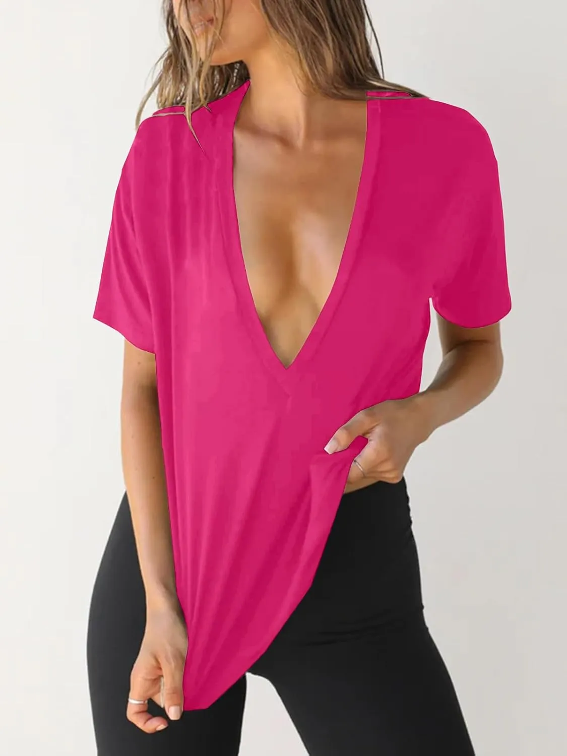 Tankaneo Womens Sexy Deep V Neck T-Shirts Summer Short Sleeve Tops Casual Loose Fit Basic Tees