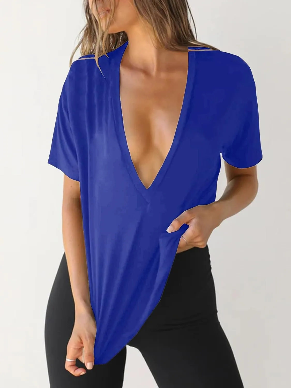 Tankaneo Womens Sexy Deep V Neck T-Shirts Summer Short Sleeve Tops Casual Loose Fit Basic Tees