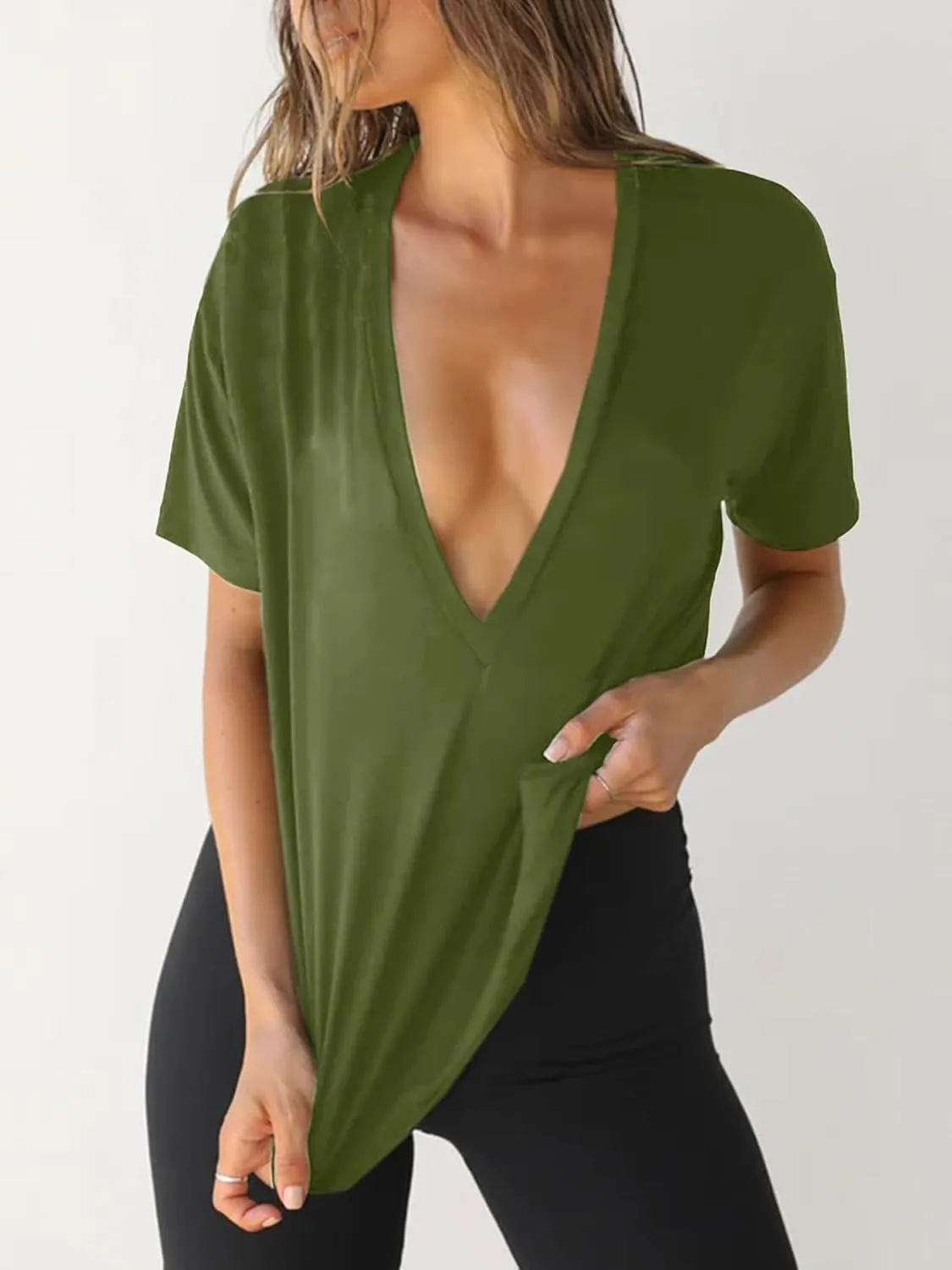 Tankaneo Womens Sexy Deep V Neck T-Shirts Summer Short Sleeve Tops Casual Loose Fit Basic Tees