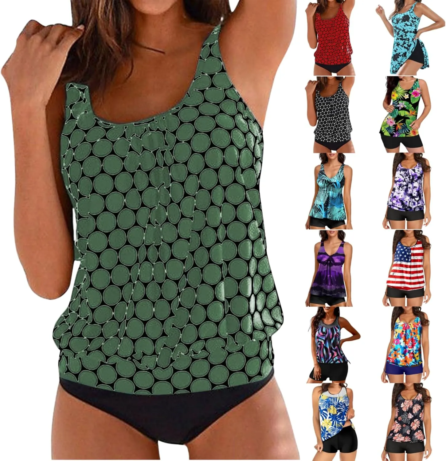 Tankini Swimsuits for Women Tummy Control Bathing Suits Tank Tops with Black Bottoms 2 Piece Modest Swimwear Sets Plus Size