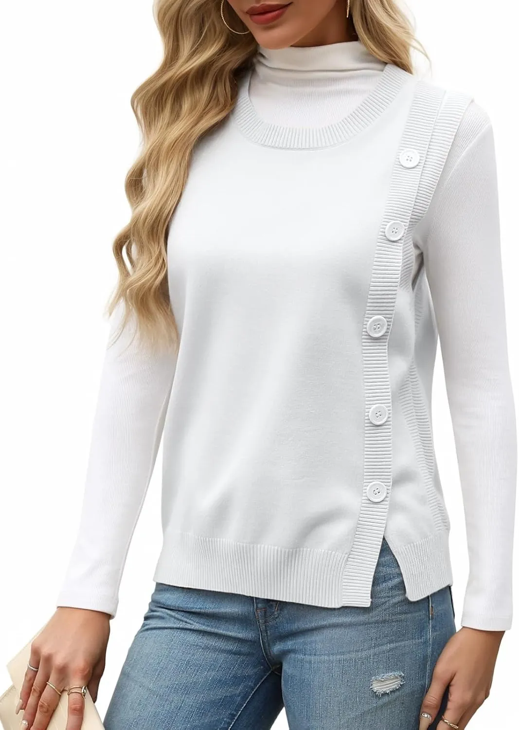 Tanou 2024 Women's Crewneck Sweater Vests Sleeveless Casual Slit Pullovers Solid Ribbed Knitwear Button Tops