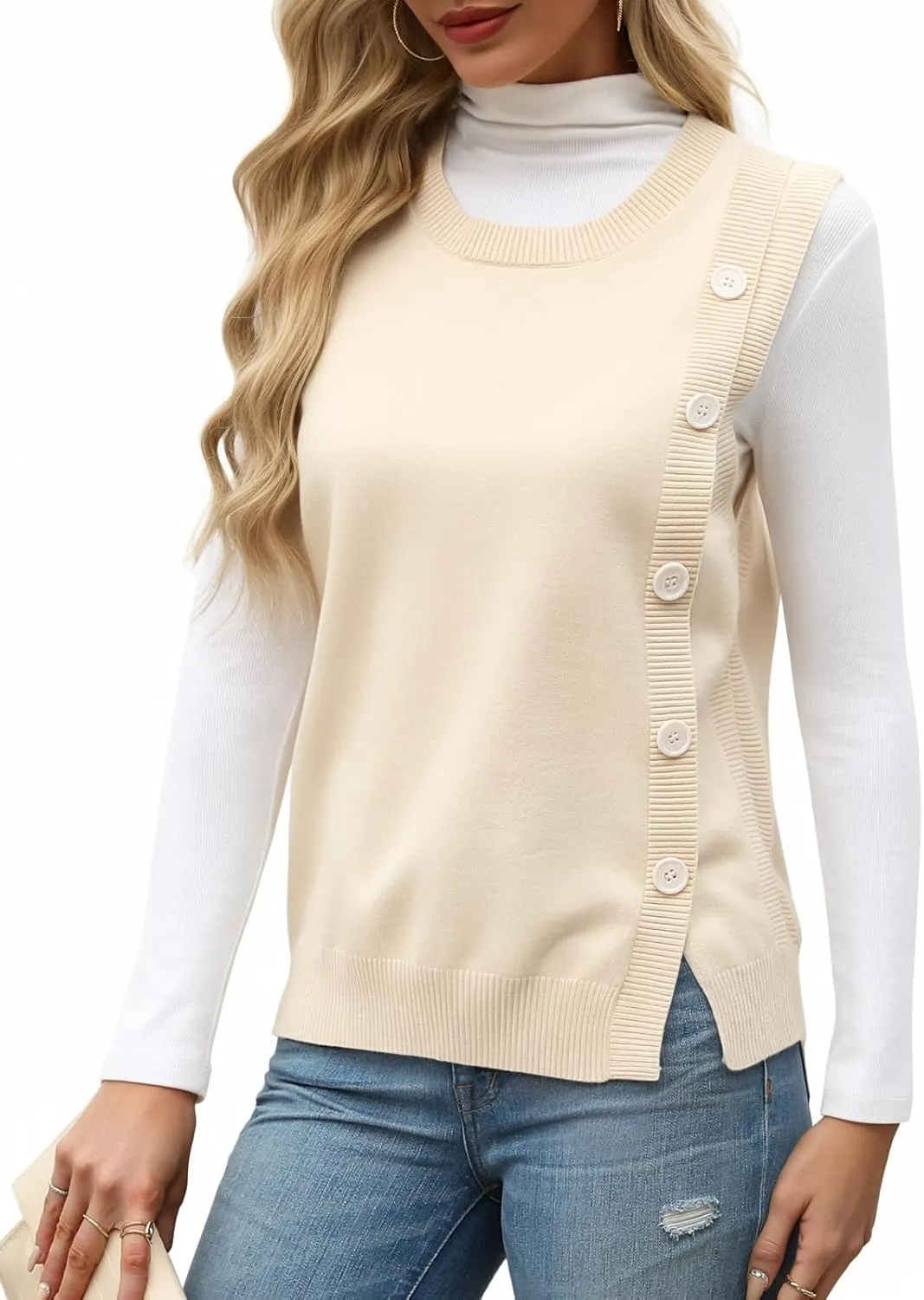 Tanou 2024 Women's Crewneck Sweater Vests Sleeveless Casual Slit Pullovers Solid Ribbed Knitwear Button Tops