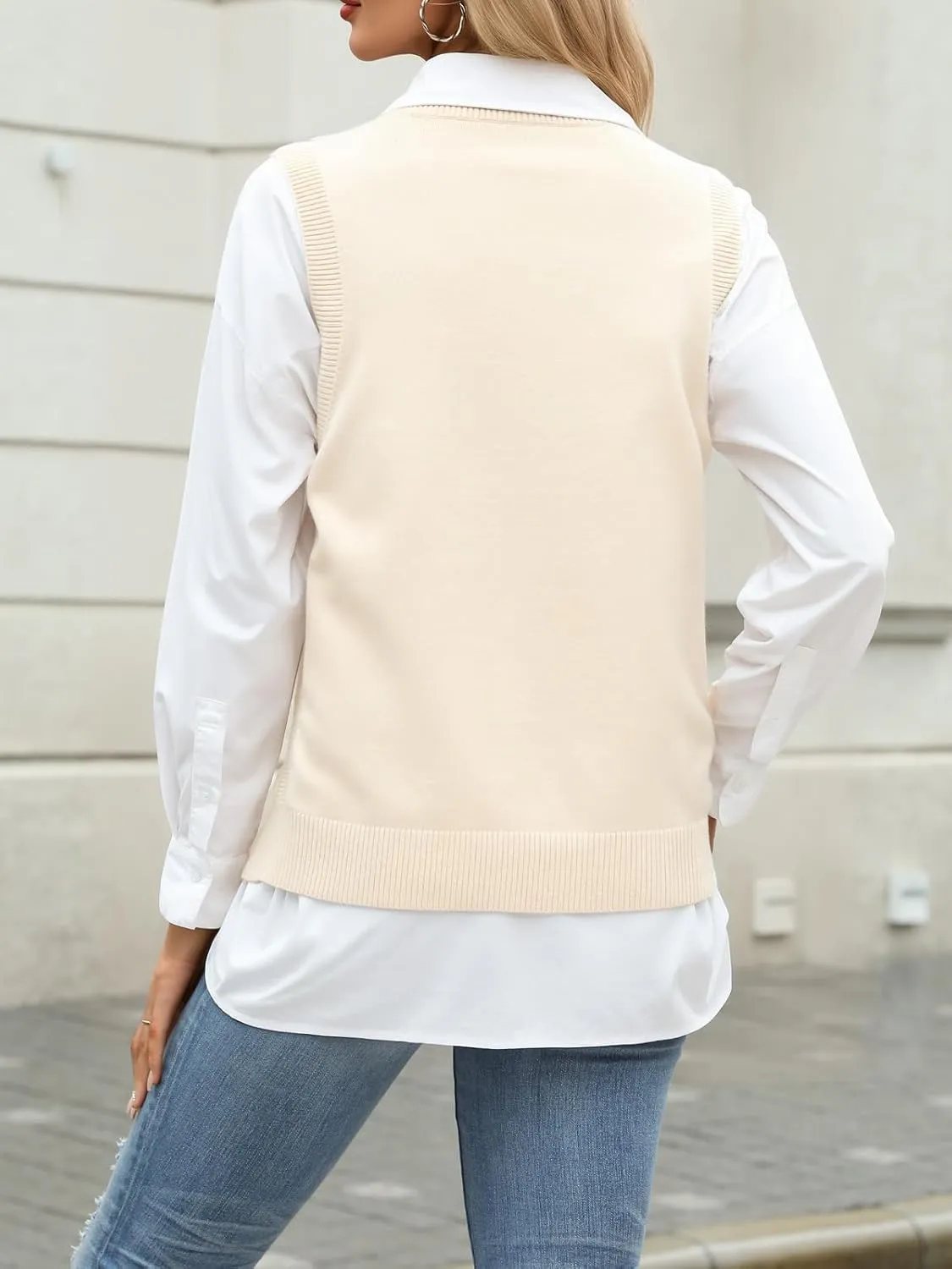 Tanou 2024 Women's Crewneck Sweater Vests Sleeveless Casual Slit Pullovers Solid Ribbed Knitwear Button Tops