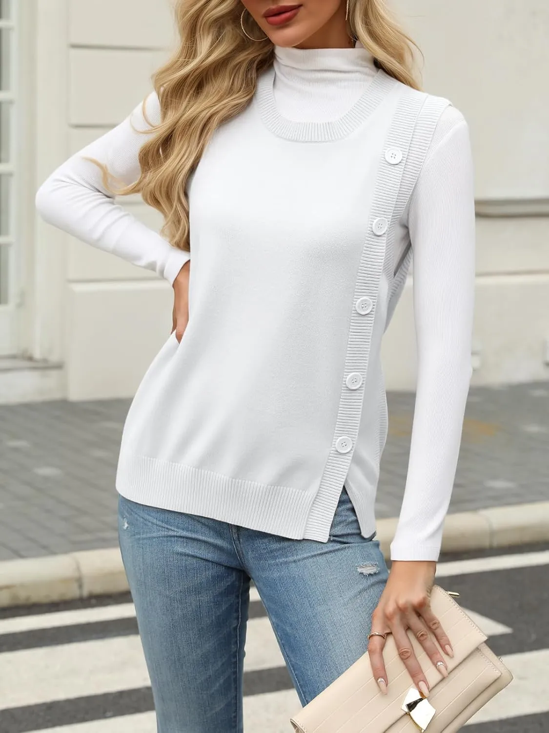 Tanou 2024 Women's Crewneck Sweater Vests Sleeveless Casual Slit Pullovers Solid Ribbed Knitwear Button Tops