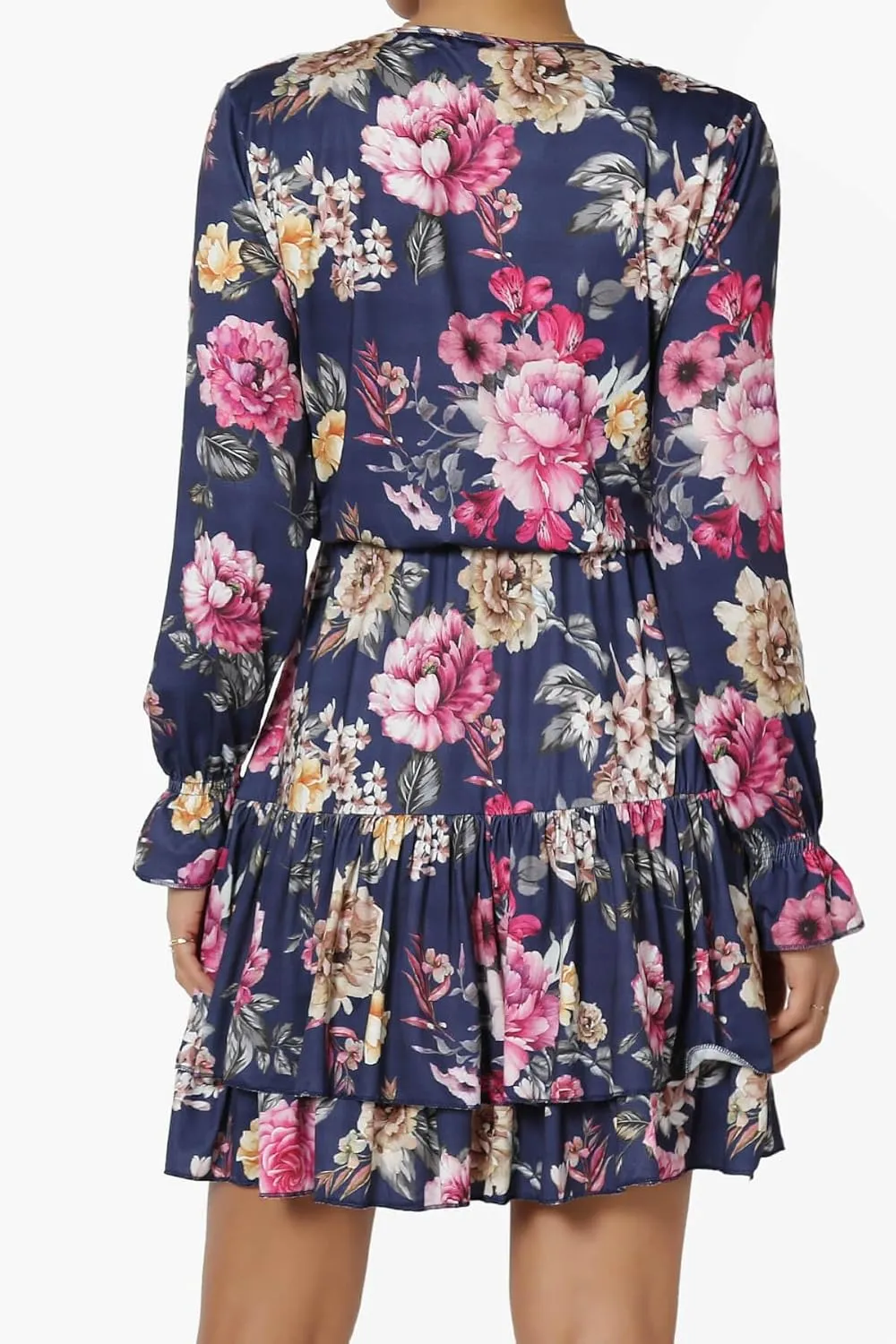 TheMogan Junior's Floral Print Long Sleeve V-Neck Ruffle Tiered Short Mini Dress