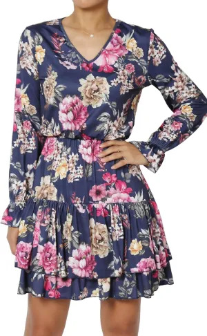 TheMogan Junior's Floral Print Long Sleeve V-Neck Ruffle Tiered Short Mini Dress