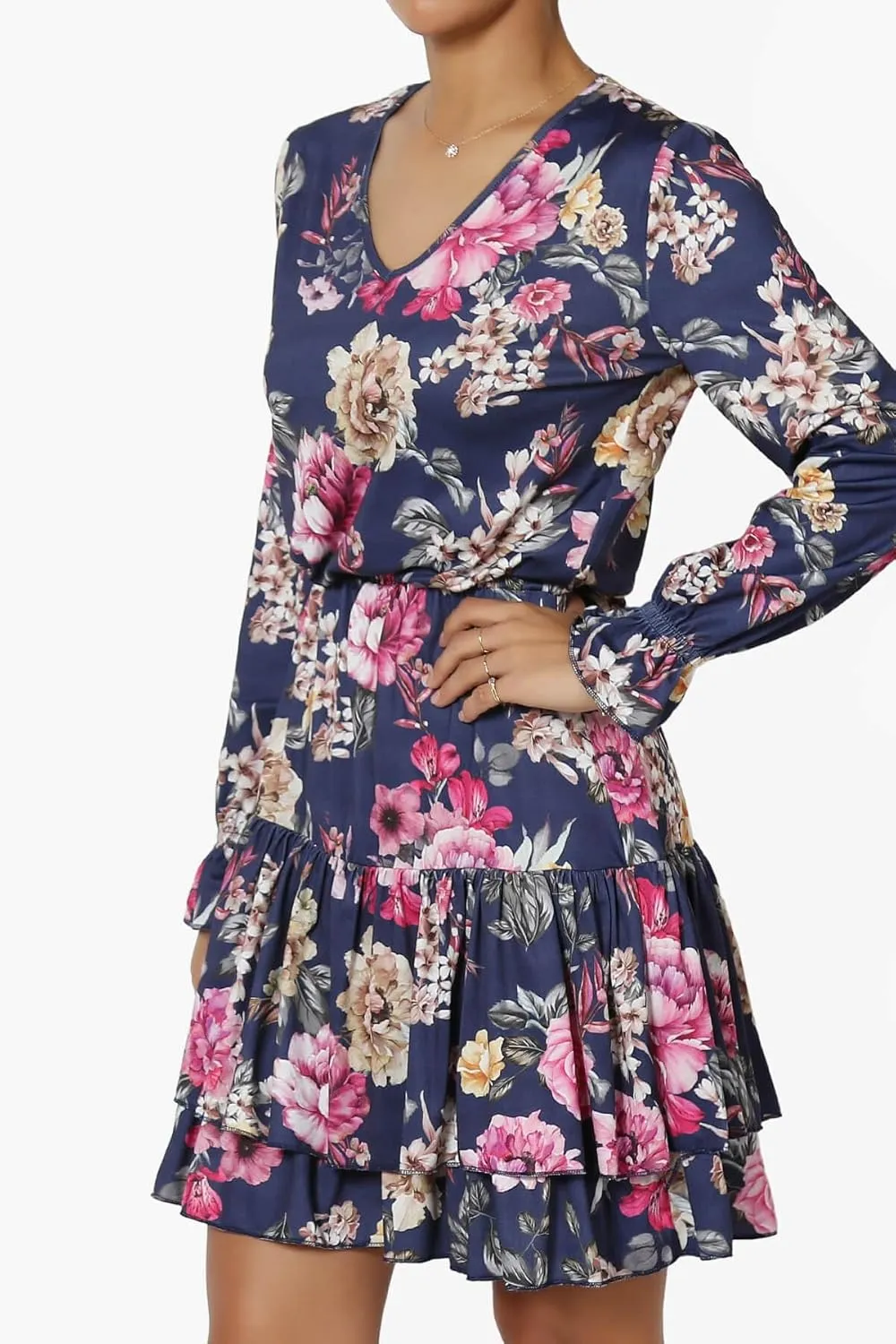 TheMogan Junior's Floral Print Long Sleeve V-Neck Ruffle Tiered Short Mini Dress
