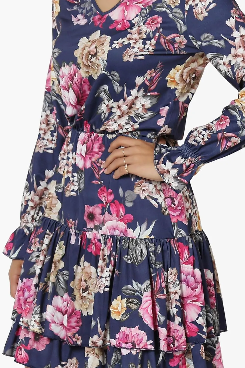 TheMogan Junior's Floral Print Long Sleeve V-Neck Ruffle Tiered Short Mini Dress