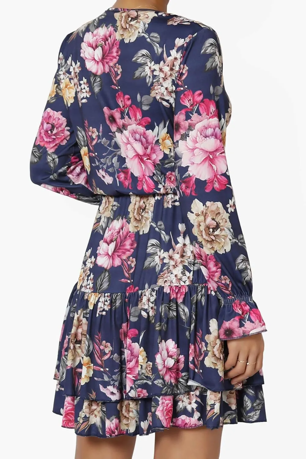 TheMogan Junior's Floral Print Long Sleeve V-Neck Ruffle Tiered Short Mini Dress