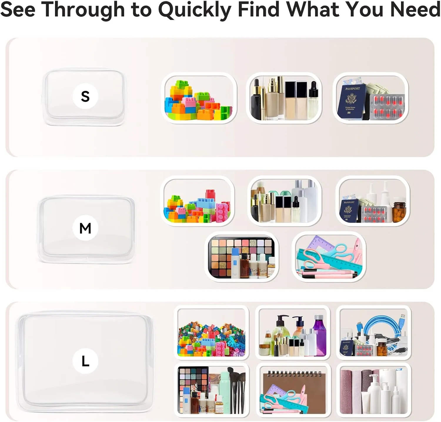 TISRATOK 16 PCS Clear Makeup Bag, Travel Essentials Toiletry Bag, Transparent PVC Cosmetic Organizer Toy-Lego Barbie Storage Pouch for Women Men- WHITE,Medium