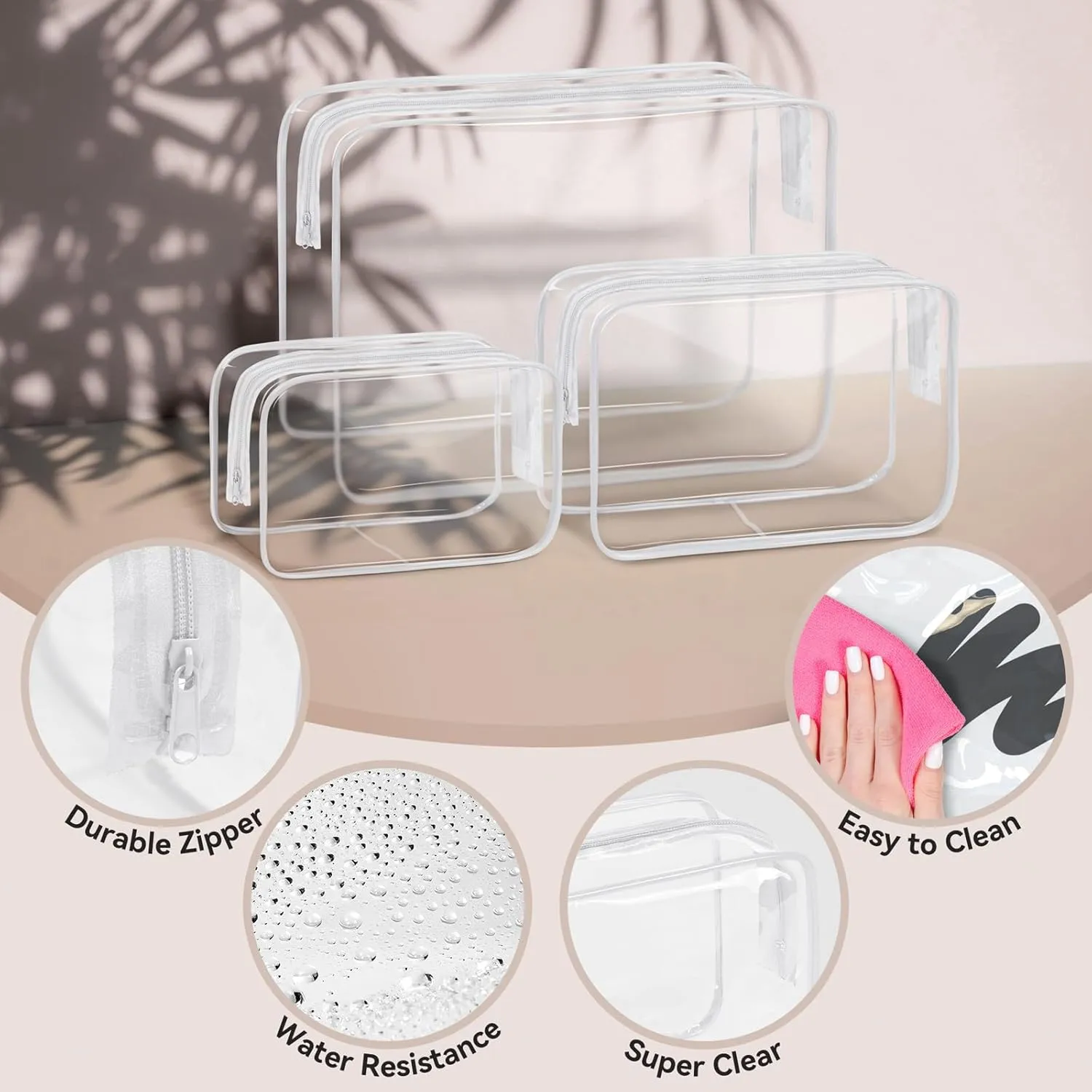 TISRATOK 16 PCS Clear Makeup Bag, Travel Essentials Toiletry Bag, Transparent PVC Cosmetic Organizer Toy-Lego Barbie Storage Pouch for Women Men- WHITE,Medium