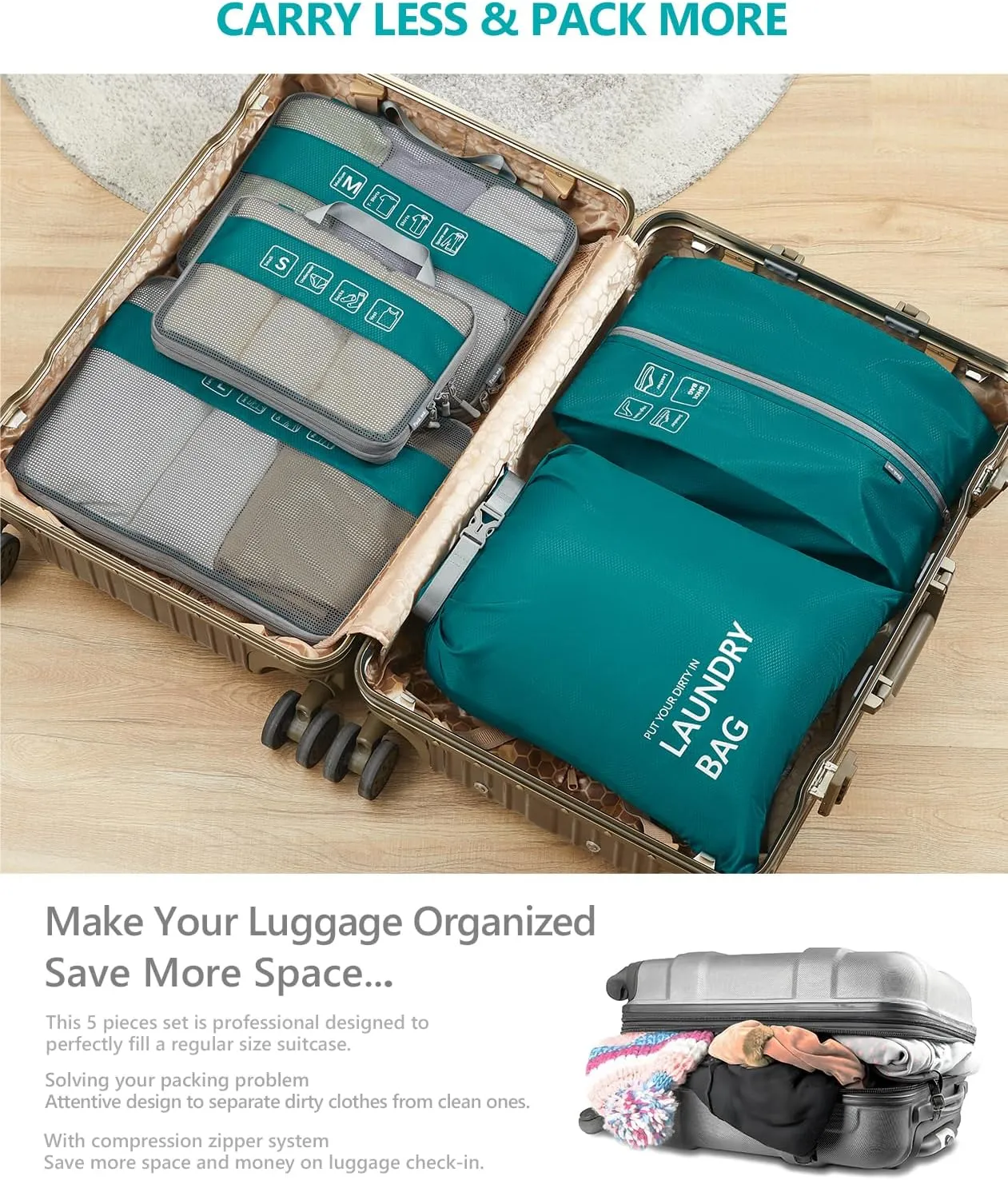 Travelkin 3 Set Packing Cubes - Compression Packing Cubes for Suitcase, Travel Organizers Bag Set