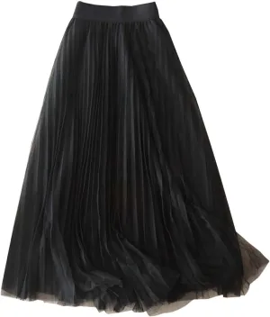 Tulle Skirts for Women High Waist Pleated Chiffon Skirt Casual Boho Midi Swing A-Line Solid Double Layer Summer