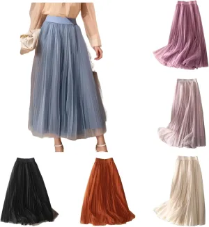 Tulle Skirts for Women Solid Chiffon High Waist Pleated Skirt Casual Boho Midi Swing A-Line Double Layer Summer