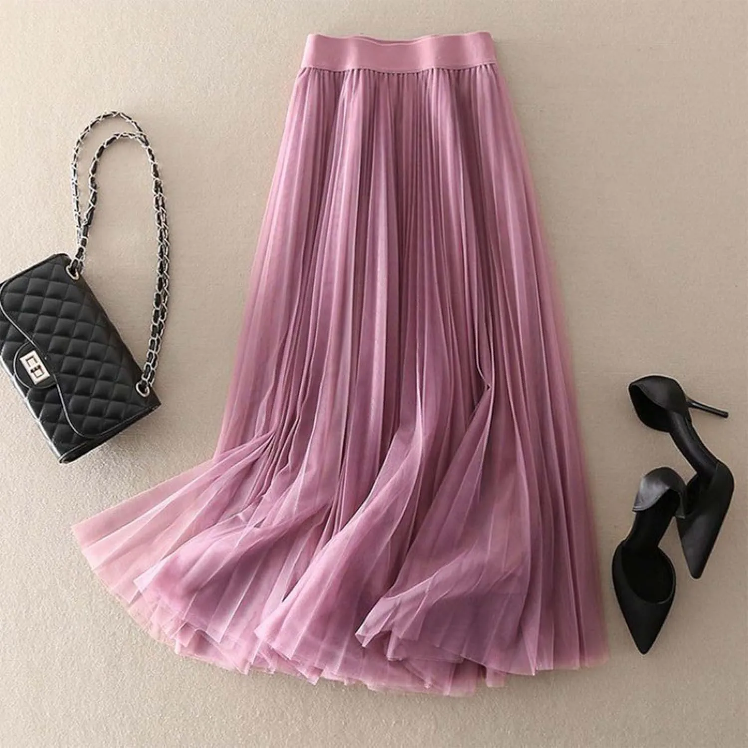 Tulle Skirts for Women Solid Chiffon High Waist Pleated Skirt Casual Boho Midi Swing A-Line Double Layer Summer