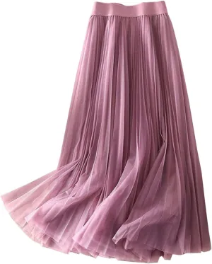 Tulle Skirts for Women Solid Chiffon High Waist Pleated Skirt Casual Boho Midi Swing A-Line Double Layer Summer