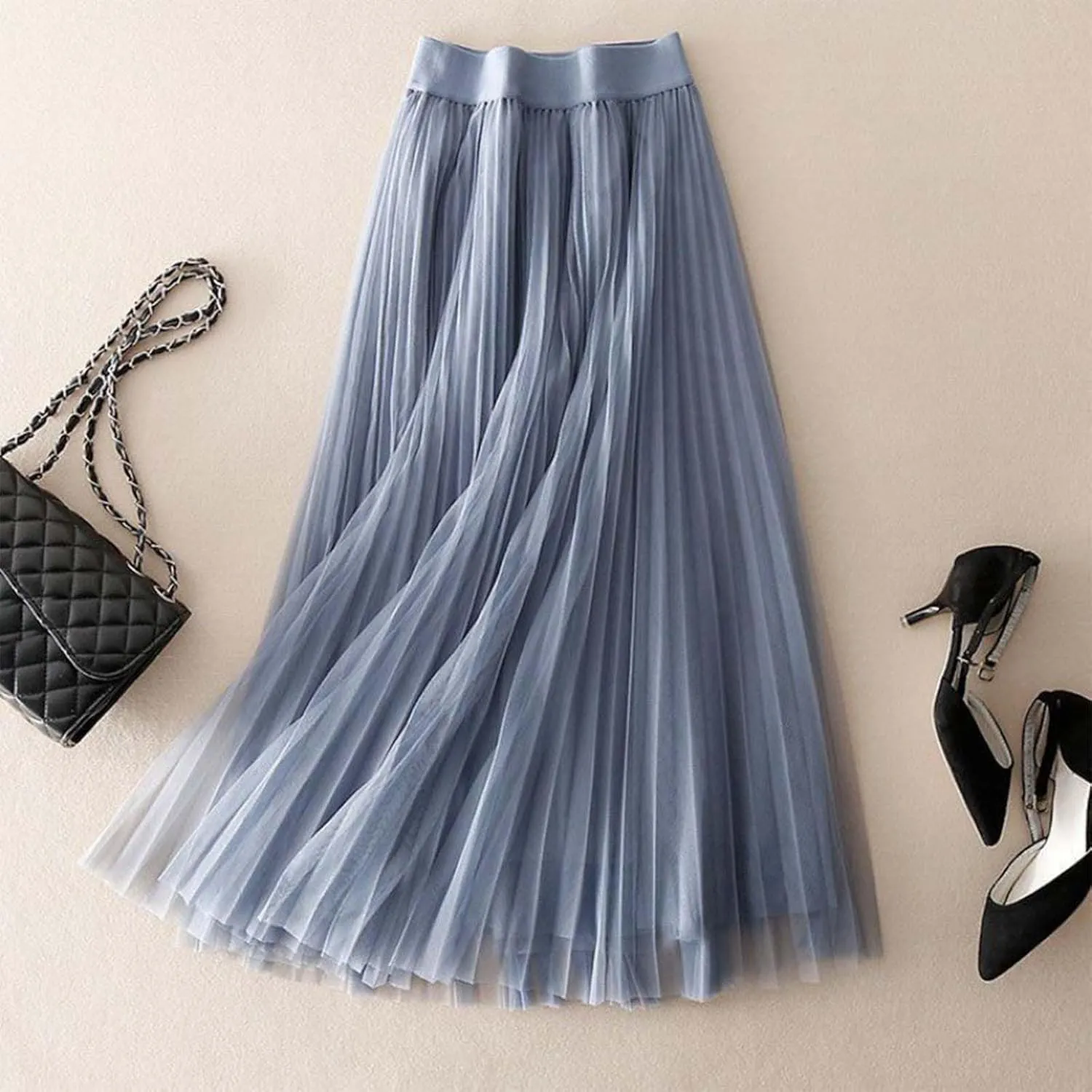 Tulle Skirts for Women Solid Chiffon High Waist Pleated Skirt Casual Boho Midi Swing A-Line Double Layer Summer