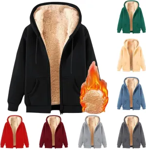 Unisex Women's Fleece Hoodie Jacket Cozy Sherpa Lined Zip Up Warm Hoodie Sweatshirt Winter Fluffy Sweater Hooded Coat