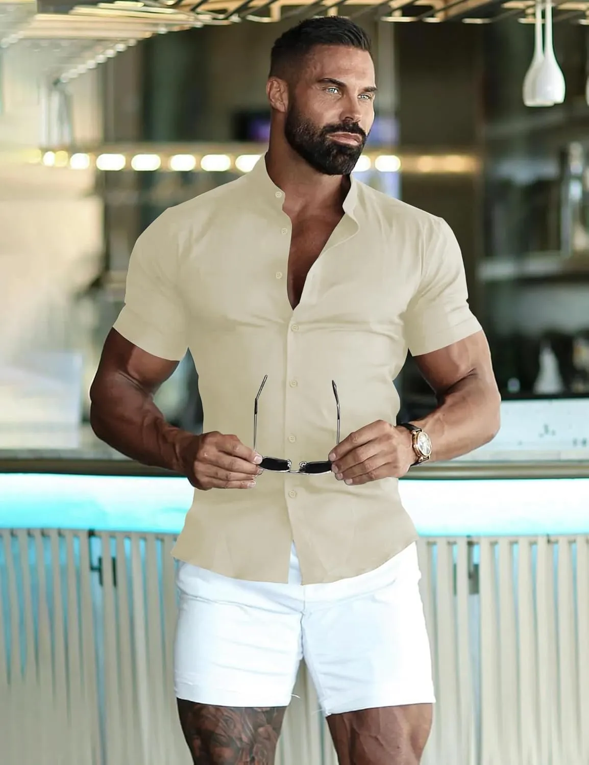 URRU Men's Muscle Dress Shirts Slim Fit Stretch Banded Collar Long&Short Sleeve Casual Button Down Shirt