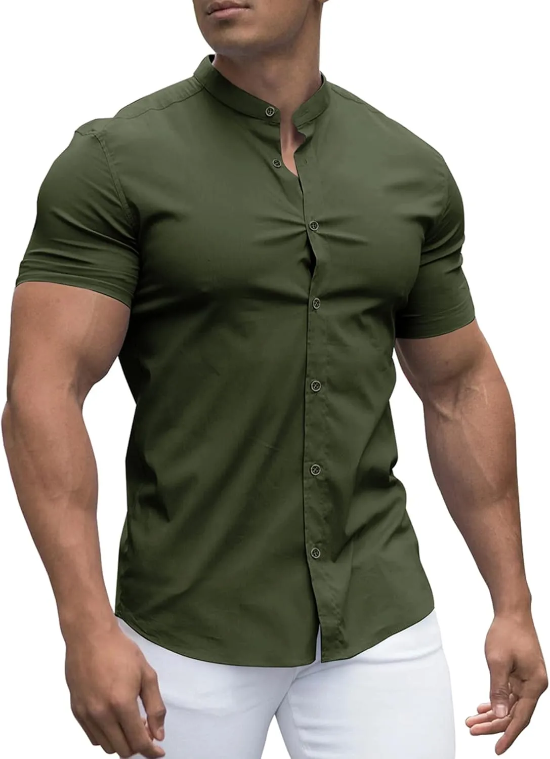 URRU Men's Muscle Dress Shirts Slim Fit Stretch Banded Collar Long&Short Sleeve Casual Button Down Shirt