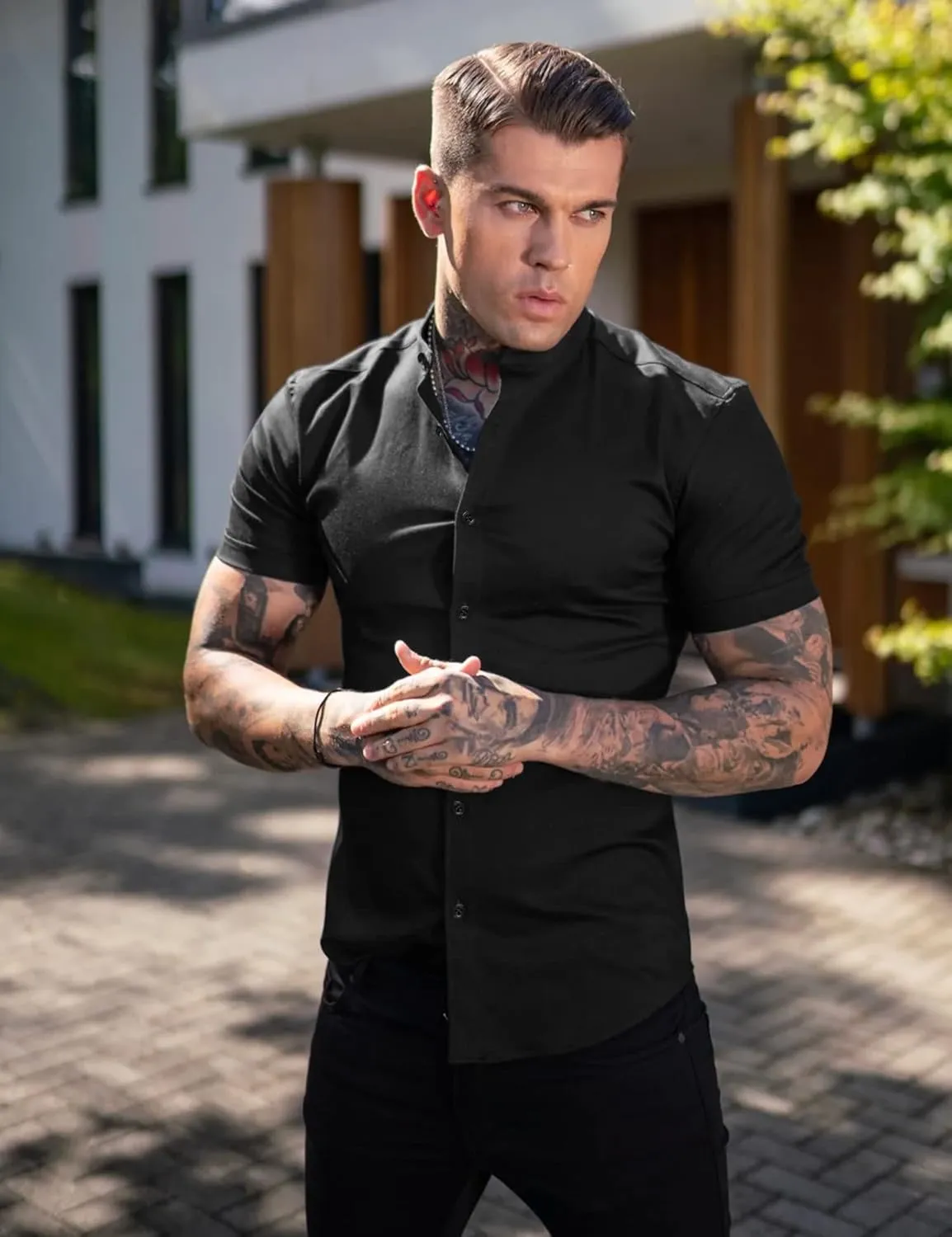 URRU Men's Muscle Dress Shirts Slim Fit Stretch Banded Collar Long&Short Sleeve Casual Button Down Shirt