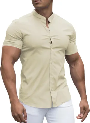 URRU Men's Muscle Dress Shirts Slim Fit Stretch Banded Collar Long&Short Sleeve Casual Button Down Shirt