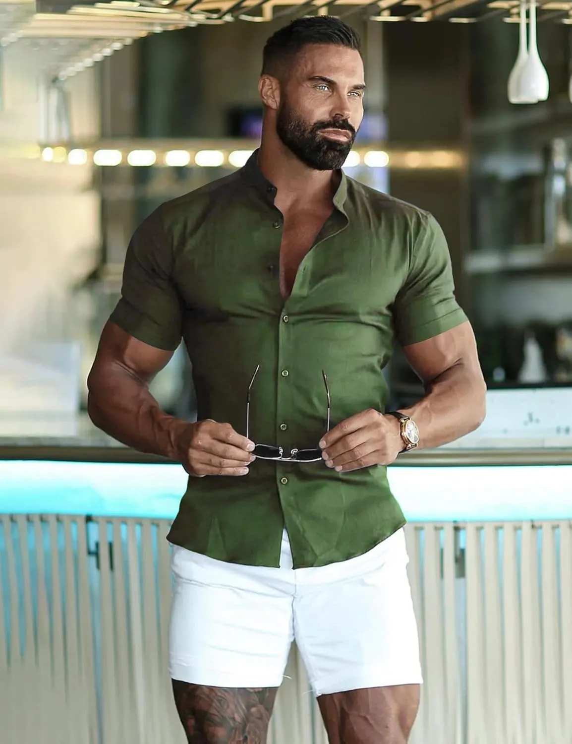 URRU Men's Muscle Dress Shirts Slim Fit Stretch Banded Collar Long&Short Sleeve Casual Button Down Shirt