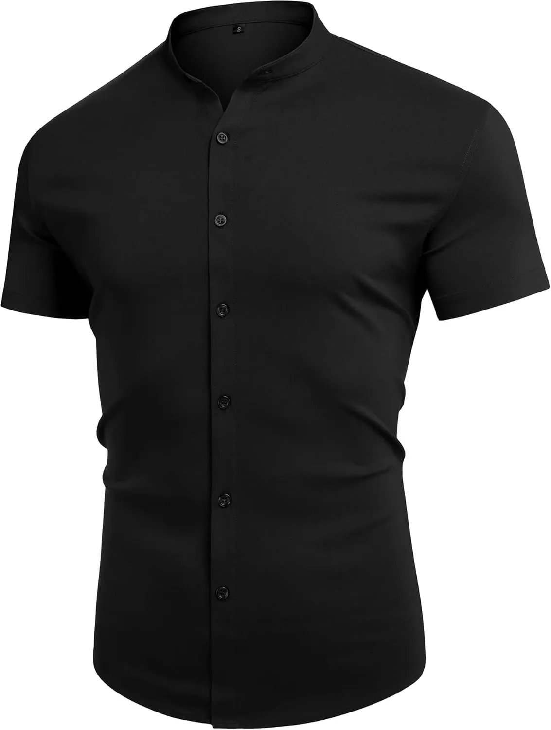 URRU Men's Muscle Dress Shirts Slim Fit Stretch Banded Collar Long&Short Sleeve Casual Button Down Shirt