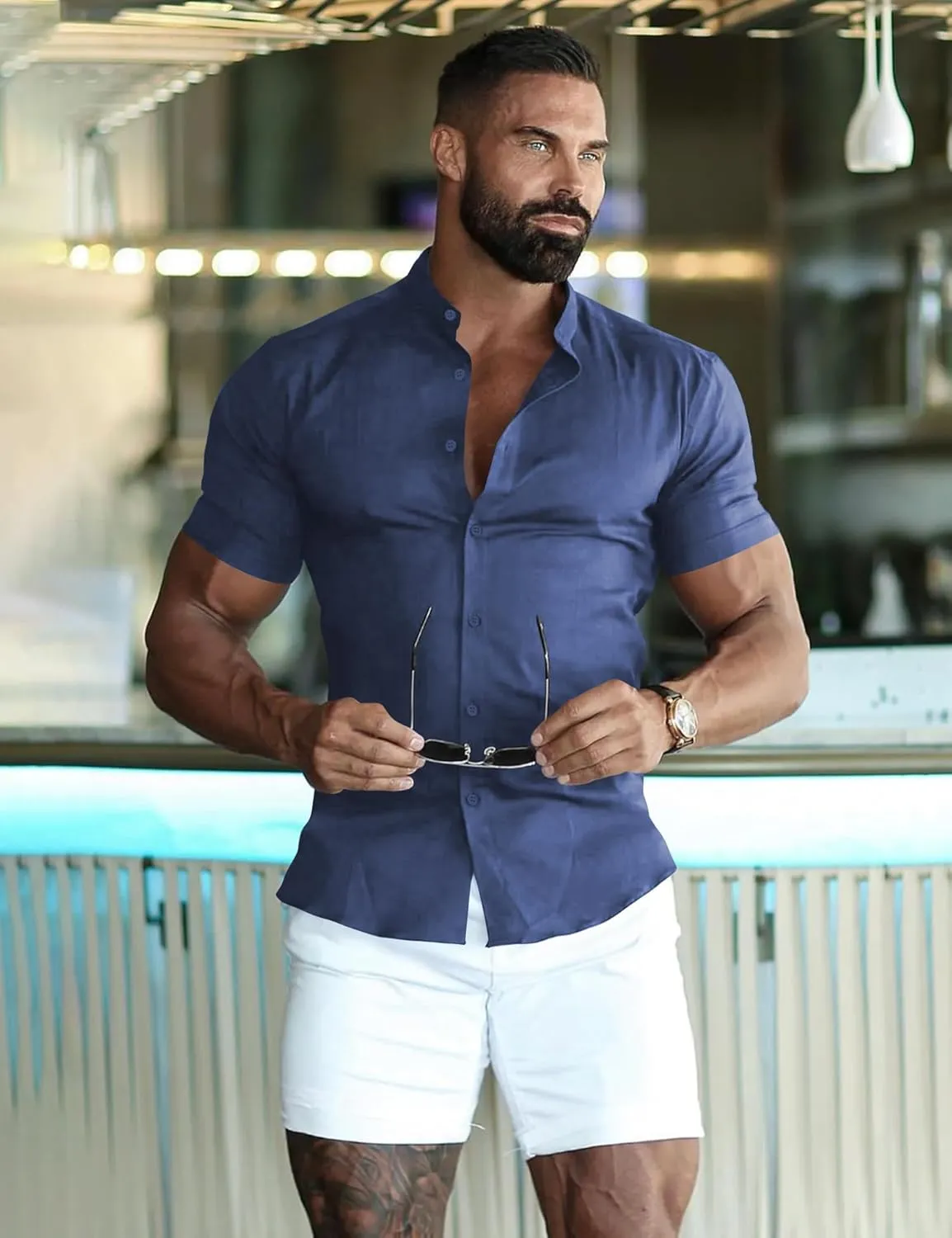 URRU Men's Muscle Dress Shirts Slim Fit Stretch Banded Collar Long&Short Sleeve Casual Button Down Shirt