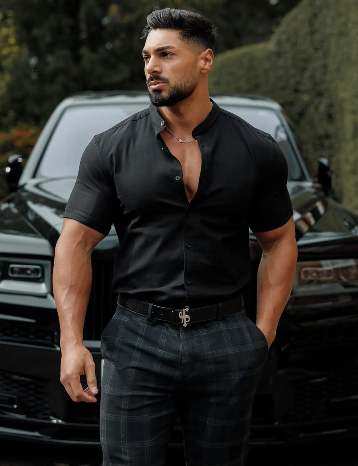 URRU Men's Muscle Dress Shirts Slim Fit Stretch Banded Collar Long&Short Sleeve Casual Button Down Shirt