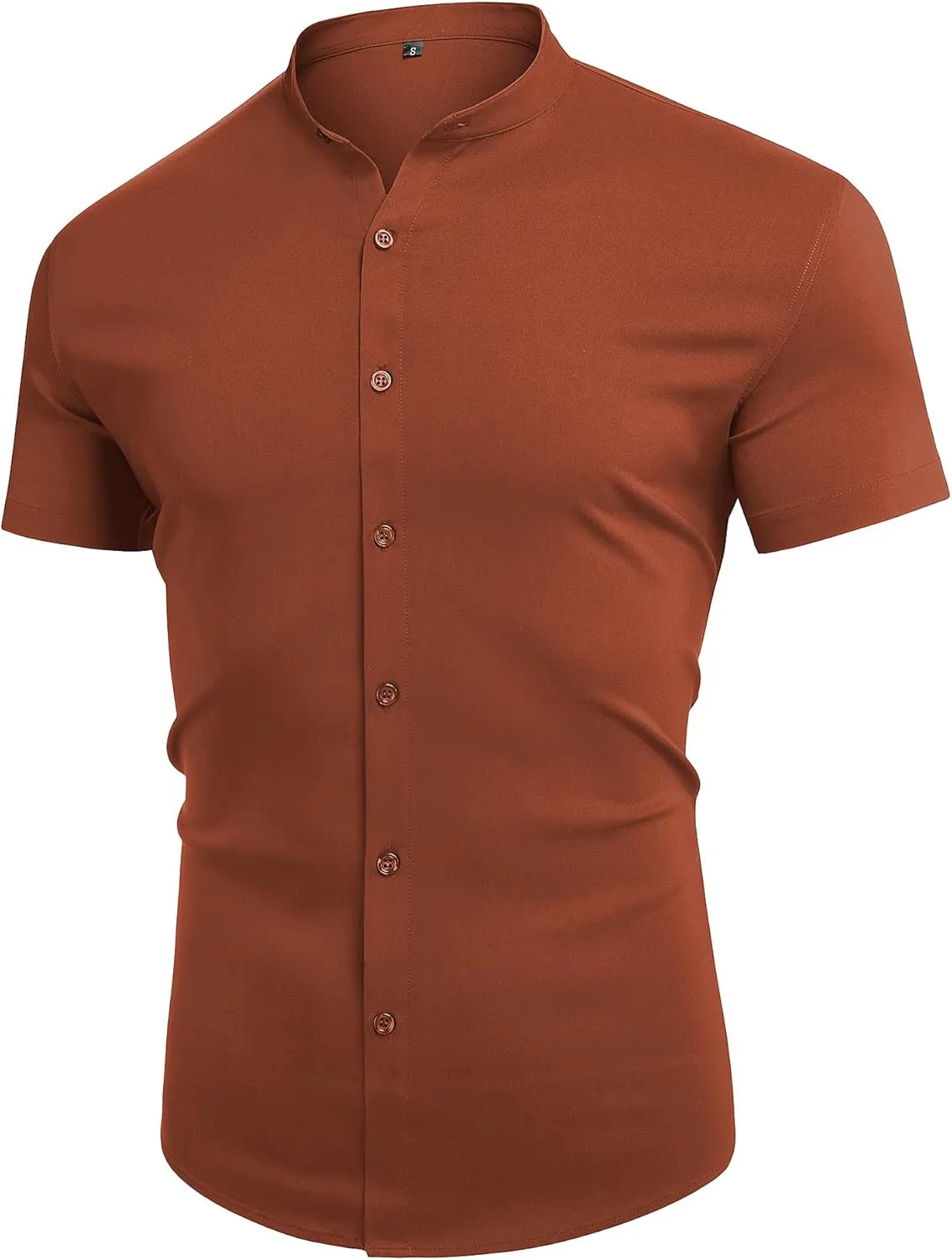 URRU Men's Muscle Dress Shirts Slim Fit Stretch Banded Collar Long&Short Sleeve Casual Button Down Shirt