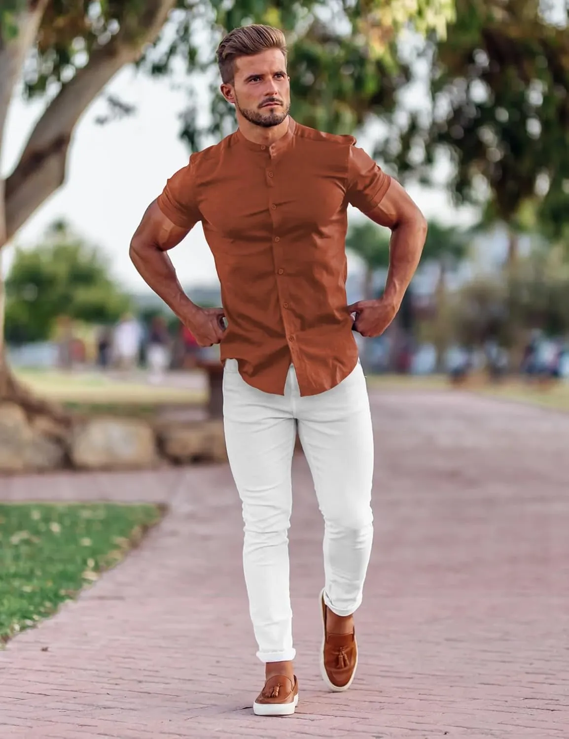 URRU Men's Muscle Dress Shirts Slim Fit Stretch Banded Collar Long&Short Sleeve Casual Button Down Shirt