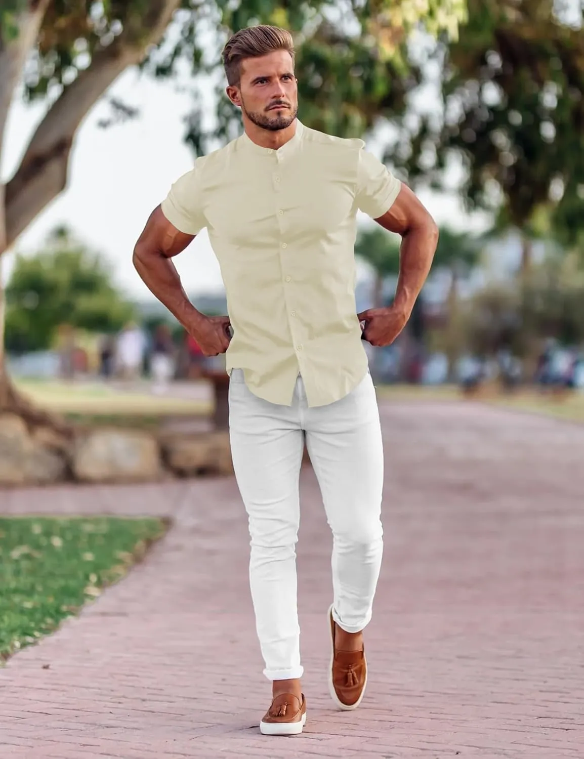 URRU Men's Muscle Dress Shirts Slim Fit Stretch Banded Collar Long&Short Sleeve Casual Button Down Shirt