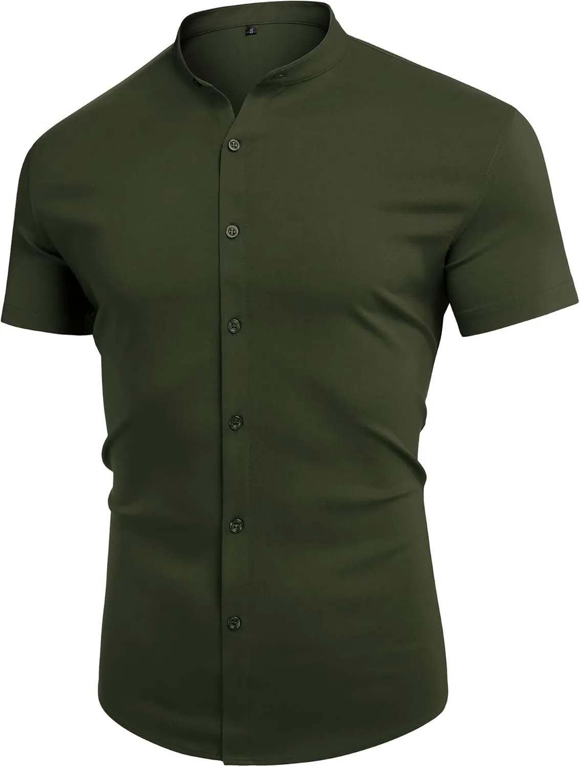 URRU Men's Muscle Dress Shirts Slim Fit Stretch Banded Collar Long&Short Sleeve Casual Button Down Shirt