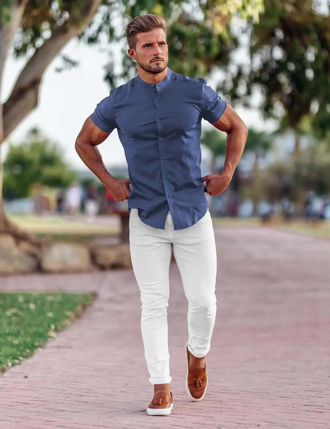 URRU Men's Muscle Dress Shirts Slim Fit Stretch Banded Collar Long&Short Sleeve Casual Button Down Shirt