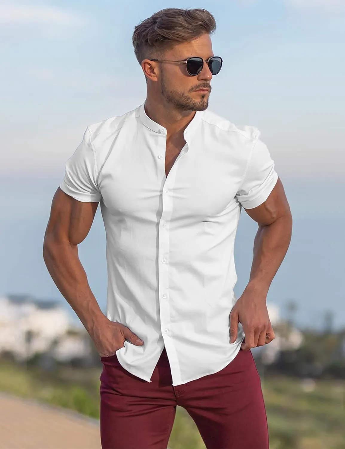 URRU Men's Muscle Dress Shirts Slim Fit Stretch Banded Collar Long&Short Sleeve Casual Button Down Shirt