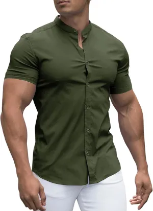 URRU Men's Muscle Dress Shirts Slim Fit Stretch Banded Collar Long&Short Sleeve Casual Button Down Shirt