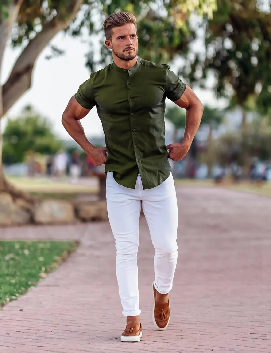 URRU Men's Muscle Dress Shirts Slim Fit Stretch Banded Collar Long&Short Sleeve Casual Button Down Shirt