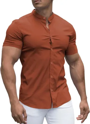 URRU Men's Muscle Dress Shirts Slim Fit Stretch Banded Collar Long&Short Sleeve Casual Button Down Shirt