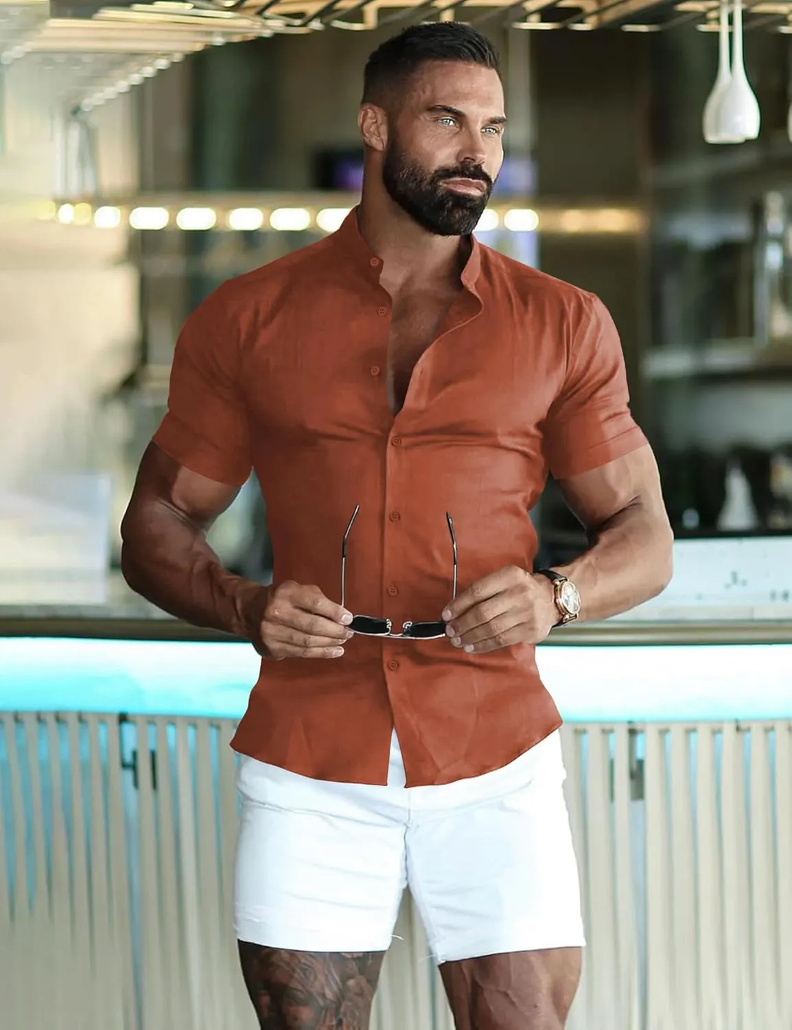 URRU Men's Muscle Dress Shirts Slim Fit Stretch Banded Collar Long&Short Sleeve Casual Button Down Shirt