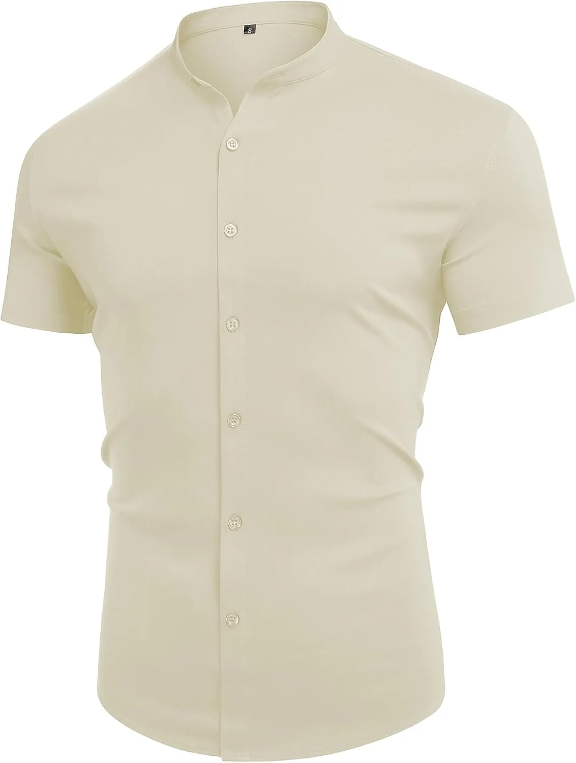 URRU Men's Muscle Dress Shirts Slim Fit Stretch Banded Collar Long&Short Sleeve Casual Button Down Shirt