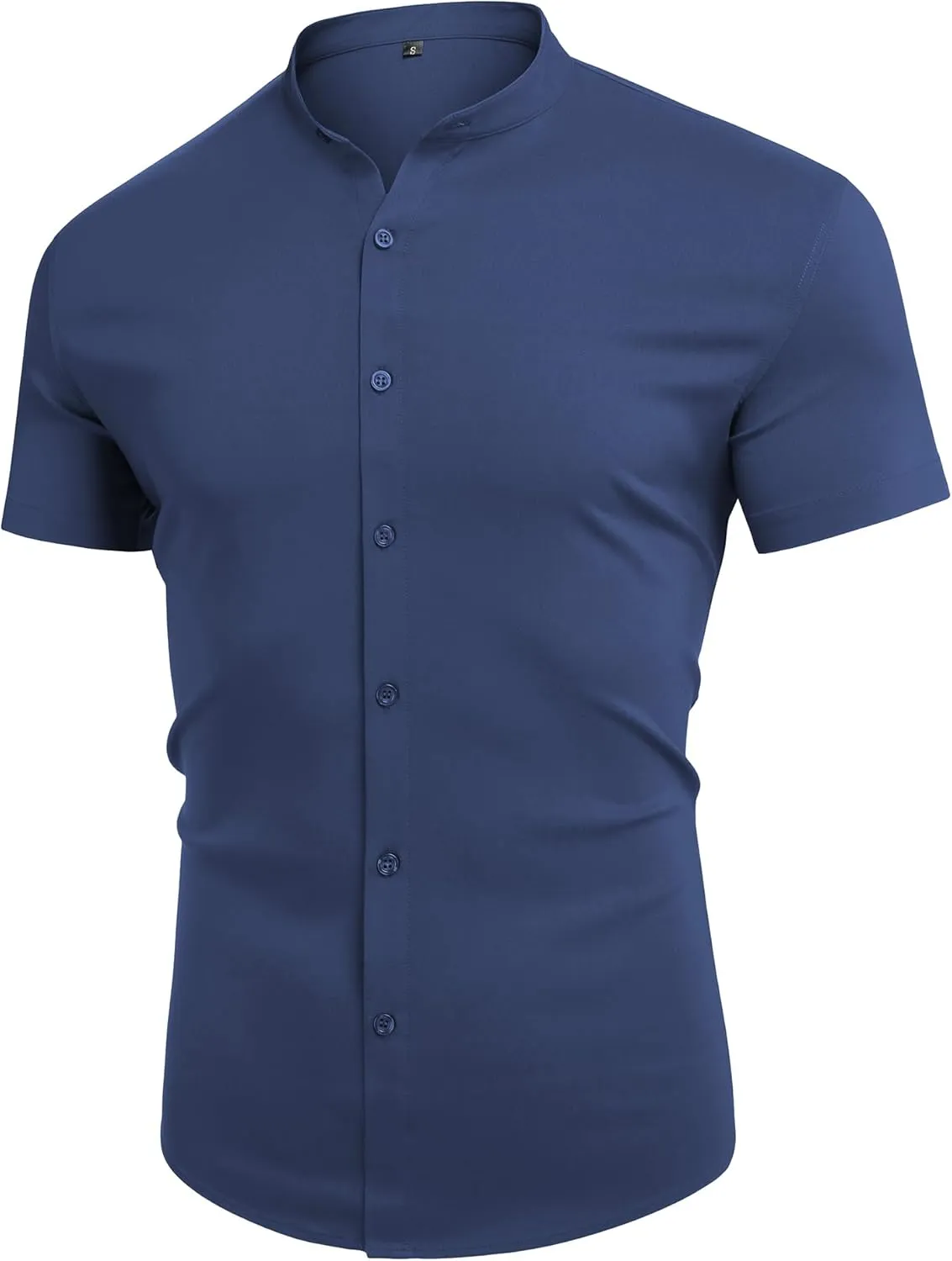 URRU Men's Muscle Dress Shirts Slim Fit Stretch Banded Collar Long&Short Sleeve Casual Button Down Shirt